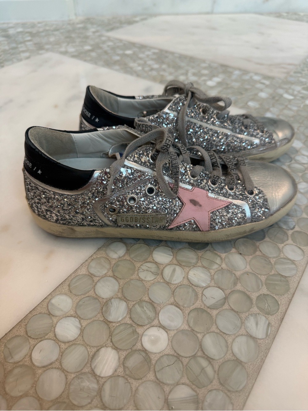 Women’s Superstar Golden Goose Silver Glitter Sneakers with Pink Star